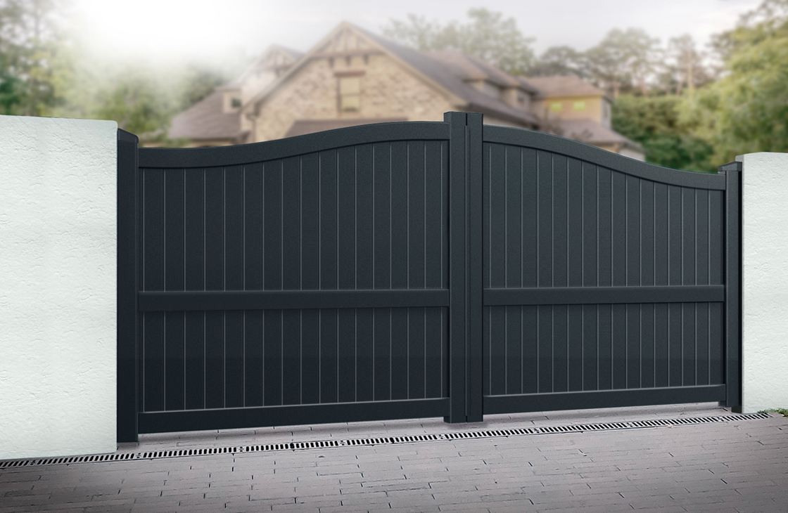 Vertical Boarded Aluminium Driveway Gates with Arched Top