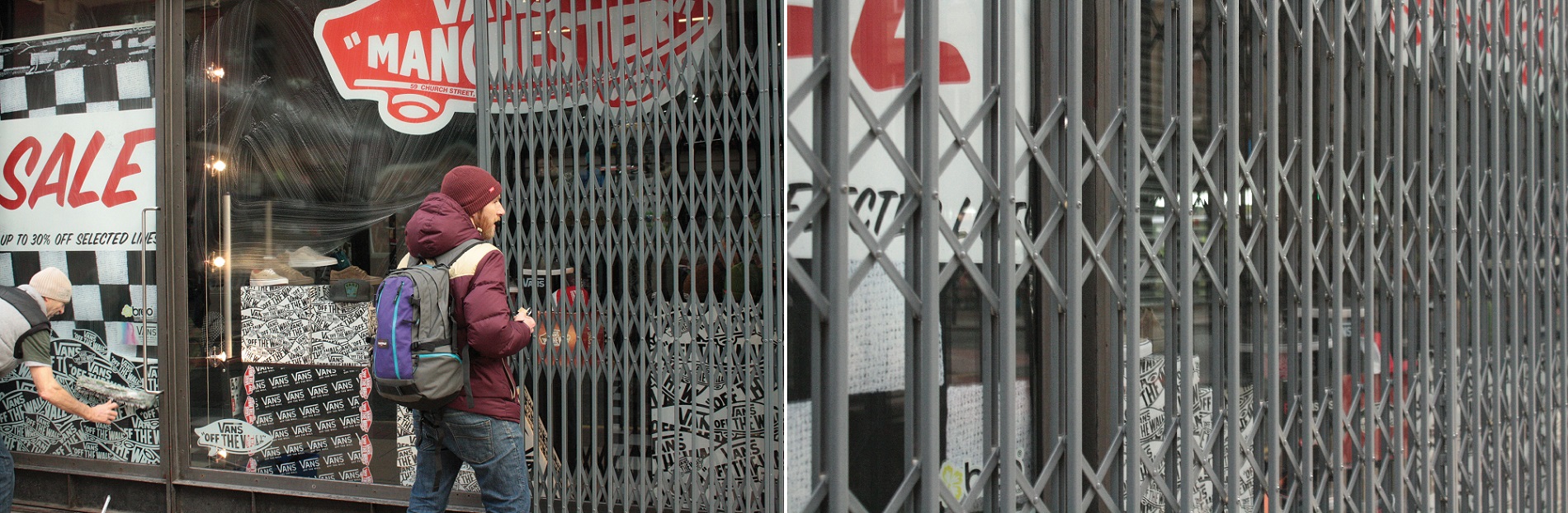 Collapsible security grille close up over shop window