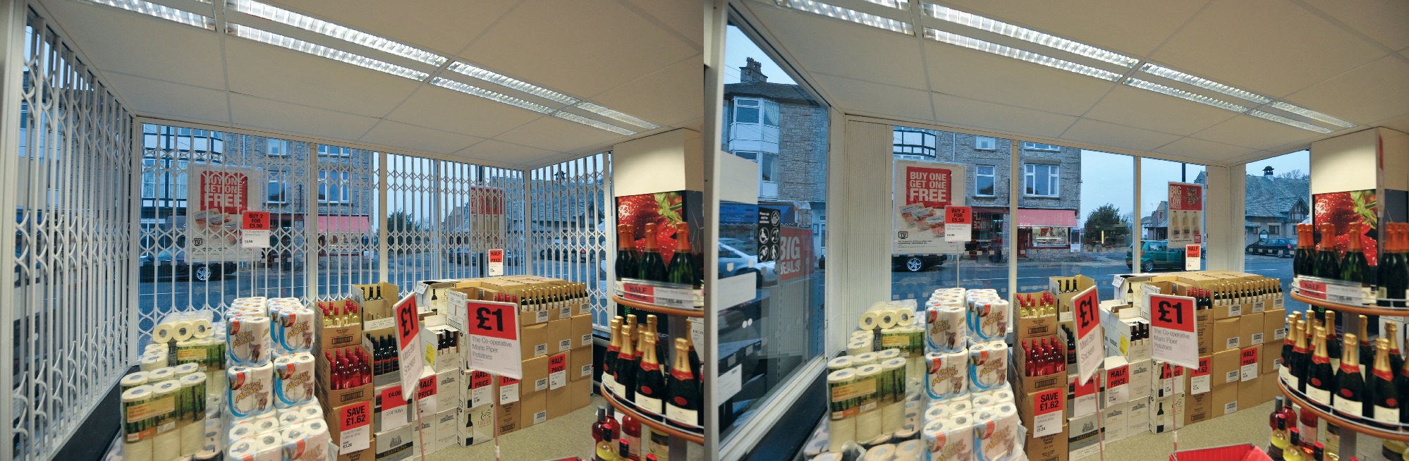 Collapsible security gates fitted inside a shop