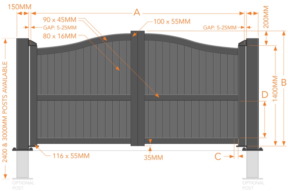 Wentworth arched aluminium driveway gates drawing & specification